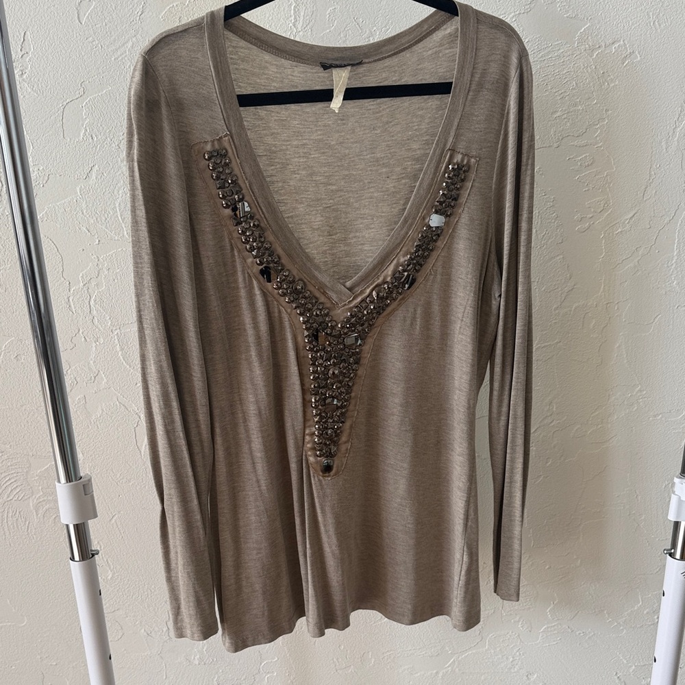 VENUS Embellished Long Sleeve Top - Tan